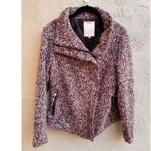 Salsa Jeans Burgundy Asymmetrical Moto Jacket Chic Academia Boucle Tailored